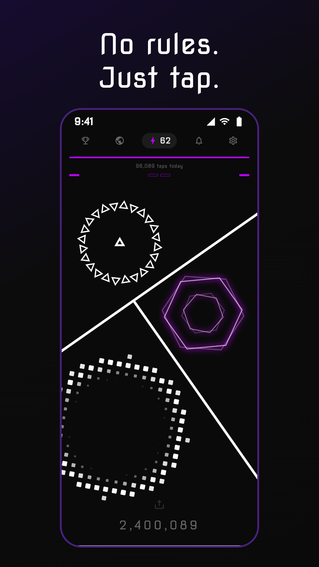 Just Tap home screen with tap animations and heat meter