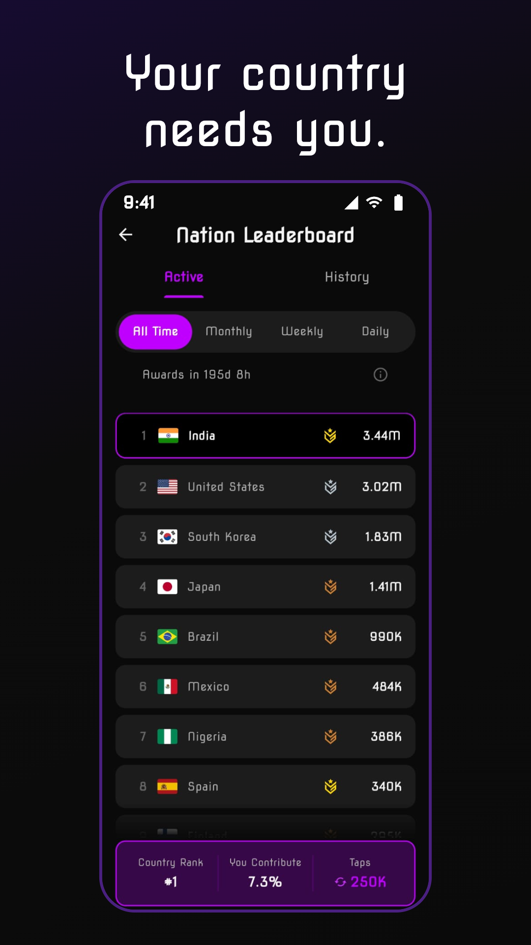 Nation leaderboard showing countries ranked by their combined tap scores