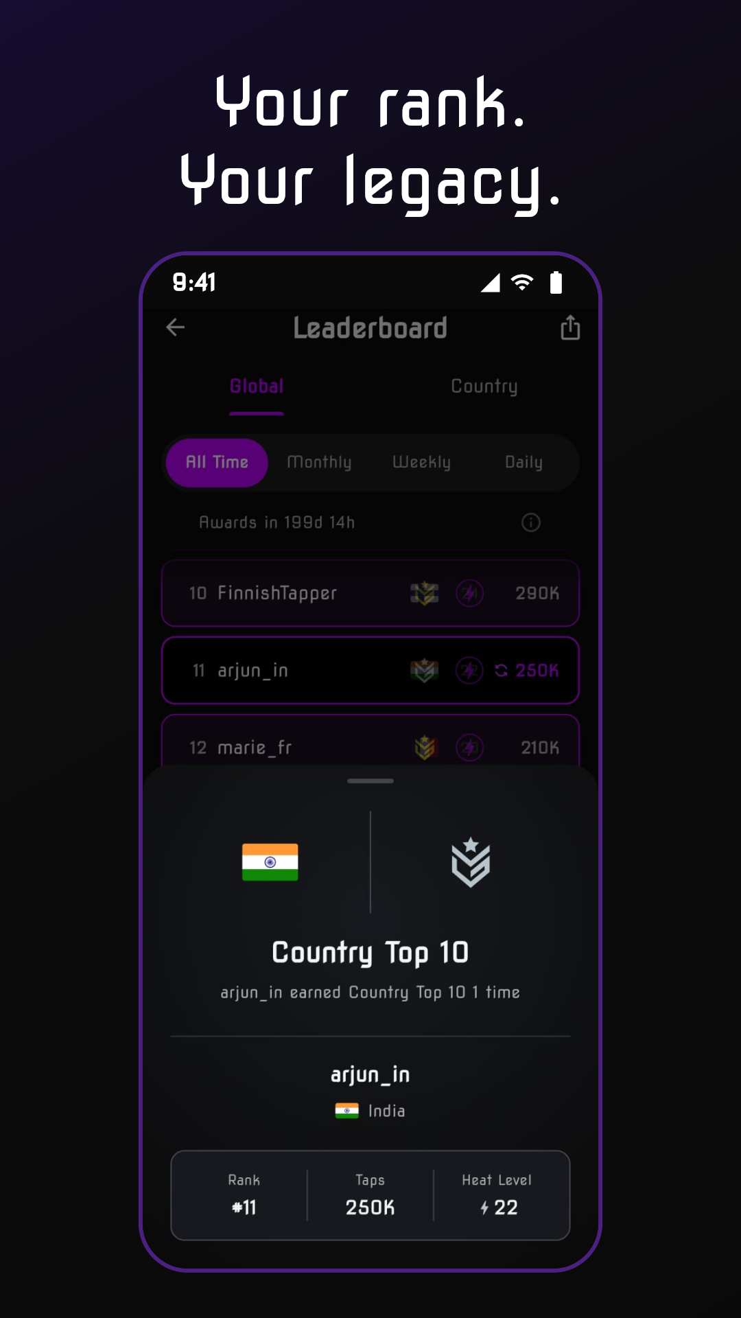 Player profile sheet showing global rank, tap count, and country badge